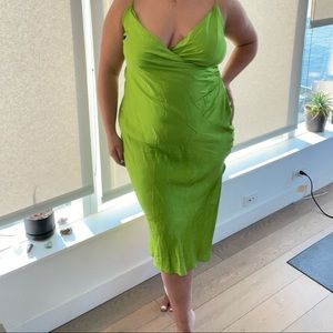 Zara Lime Green Sateen Midi Rouched Dress